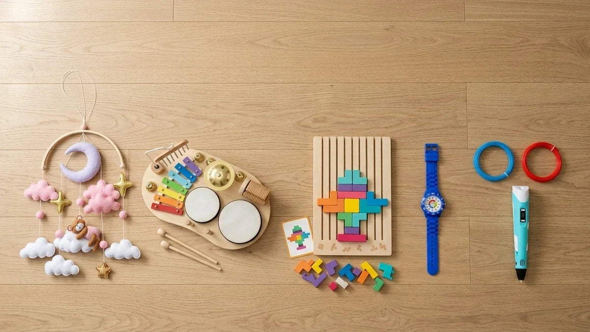 Montessori toys arranged by age group, from crib mobile to 3D pen