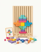 Montessori wooden brain puzzle board with colorful geometric blocks and a challenge card, on a white background