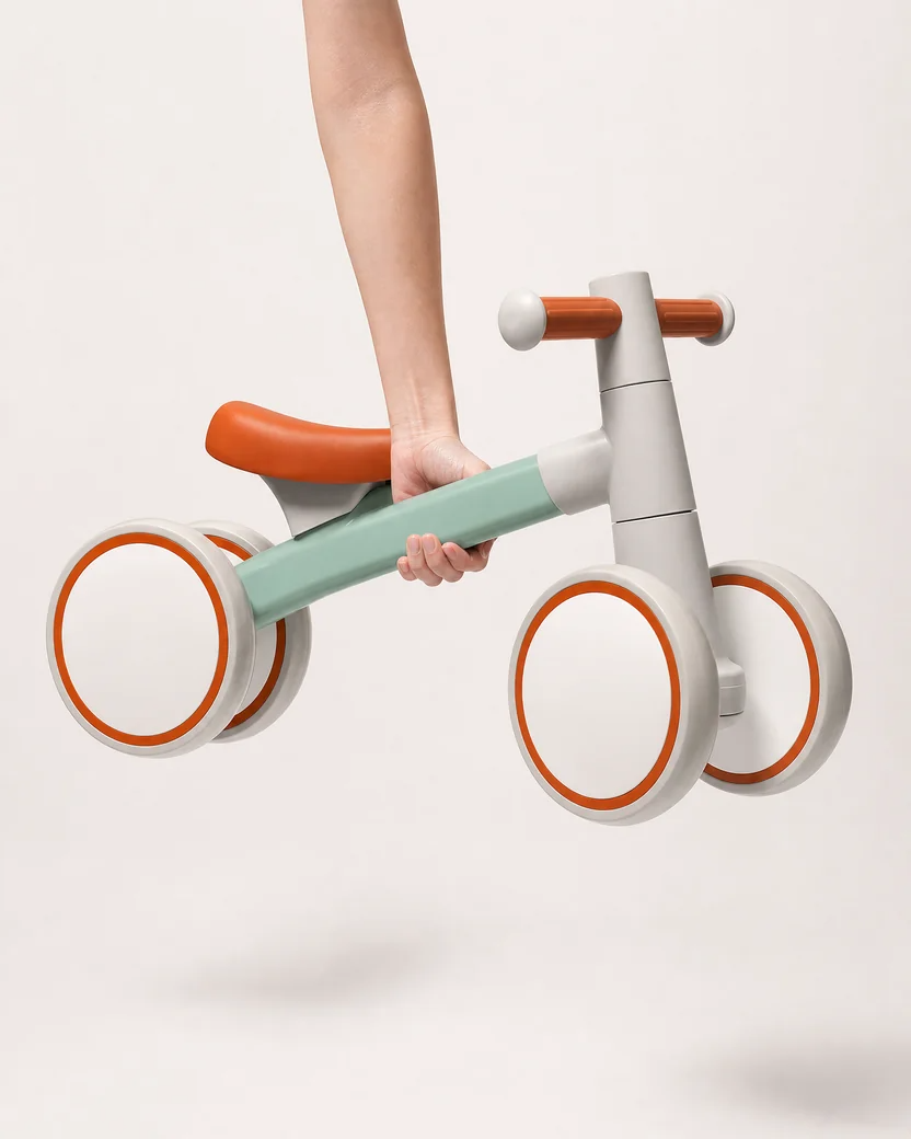 Montessori balance bike lifted easily with one hand, showing its lightweight aluminum frame