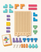 Complete Montessori brain puzzle set laid flat: wooden slot board, colorful geometric blocks and a stack of challenge cards
