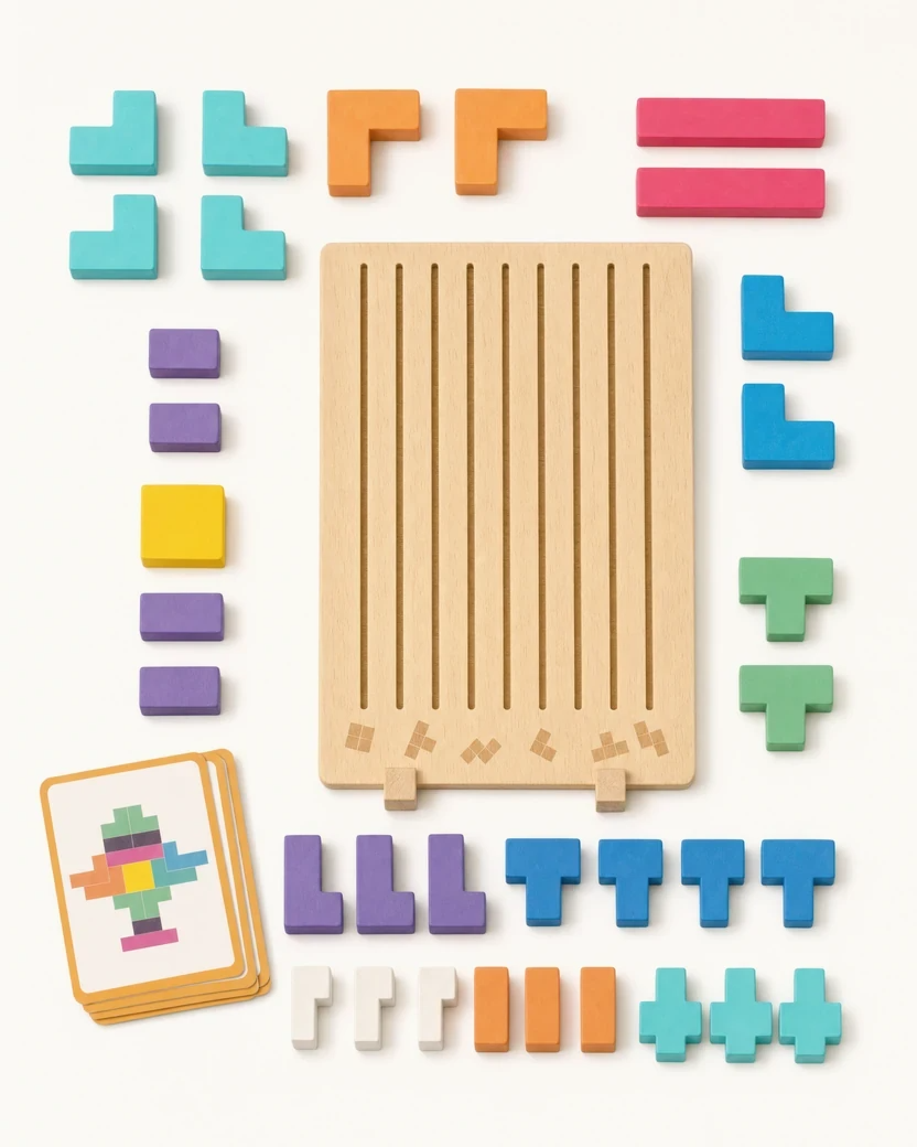 Complete Montessori brain puzzle set laid flat: wooden slot board, colorful geometric blocks and a stack of challenge cards