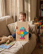 Smiling boy proudly holding his completed Montessori wooden brain puzzle on the living room couch