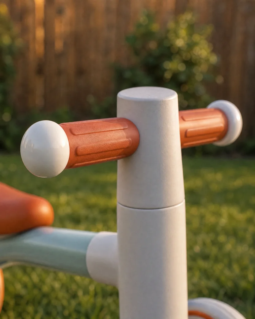 Close-up of the Montessori balance bike handlebar with non-slip terracotta grips for a secure hold