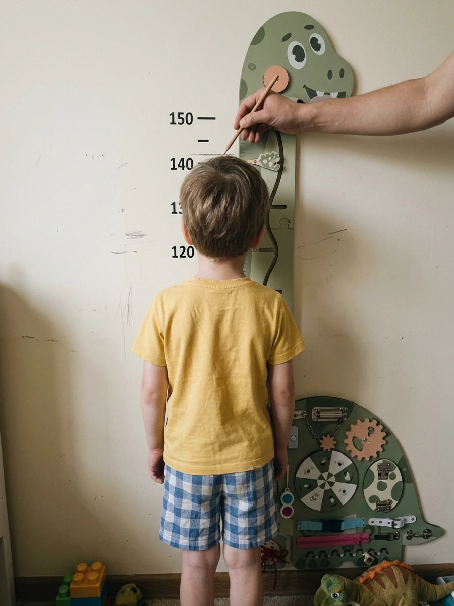 Child measured against the dinosaur growth chart