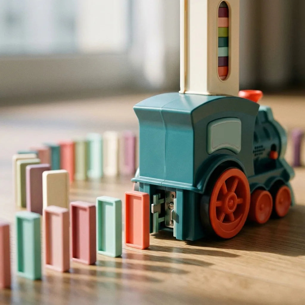 Domino train that lays the dominoes, close-up of the laying mechanism