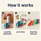 Domino train that lays the dominoes, how it works in three steps