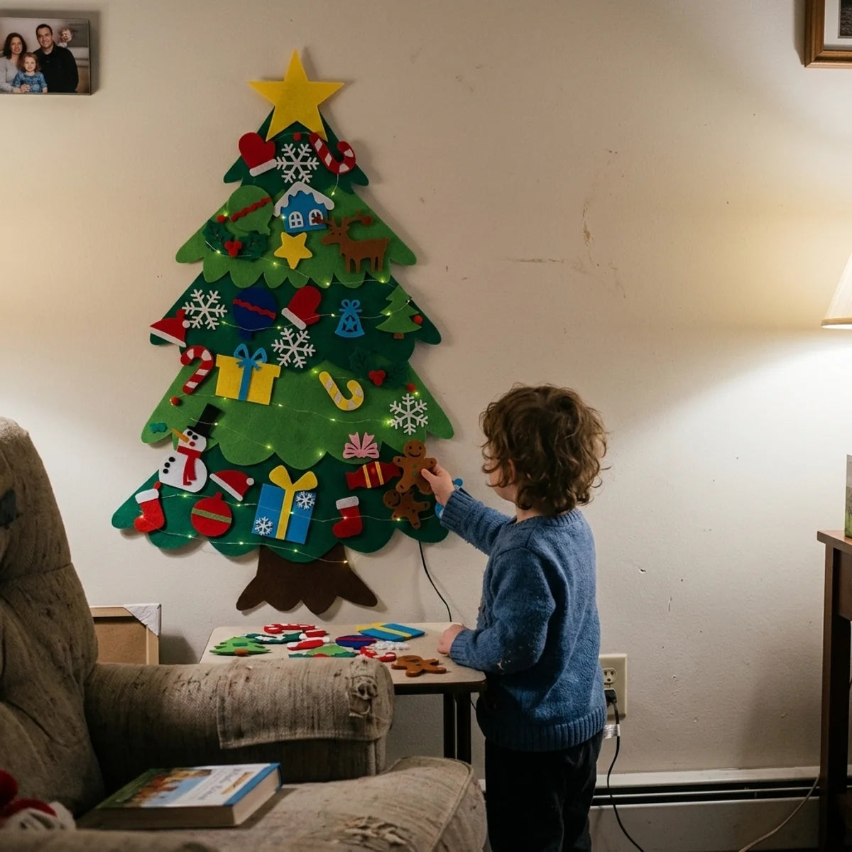 Child pressing a felt ornament onto the wall tree