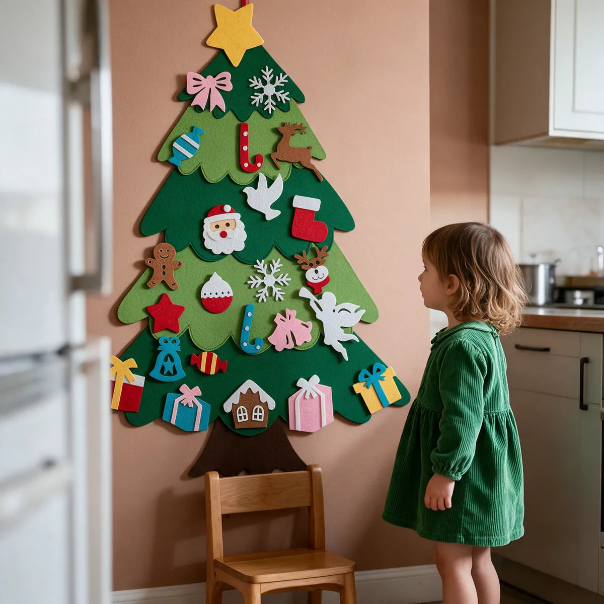 Felt Christmas tree wall hanging next to a toddler for scale