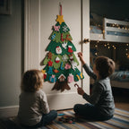 Felt Christmas tree on a bedroom door, two kids decorating