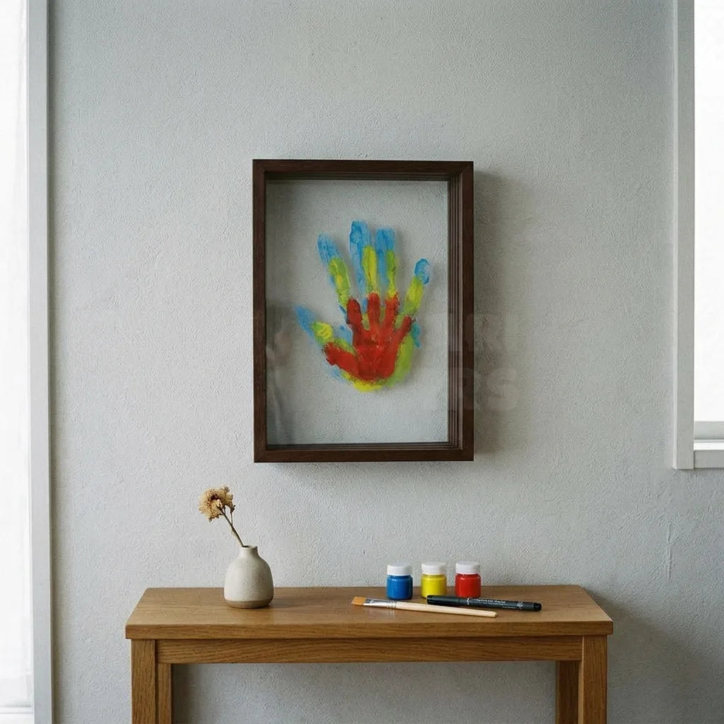 Handprint keepsake frame kit held in an adult hand for scale