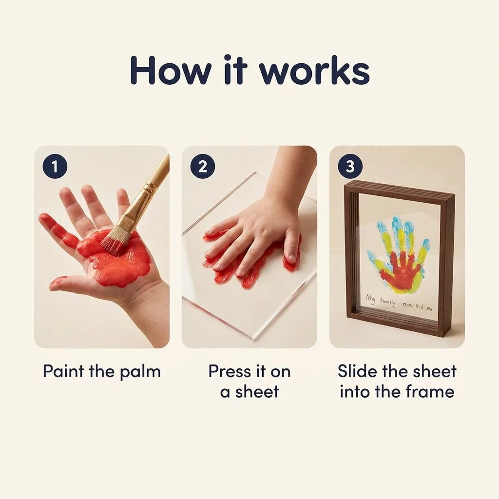 Handprint keepsake frame kit, how it works in three steps