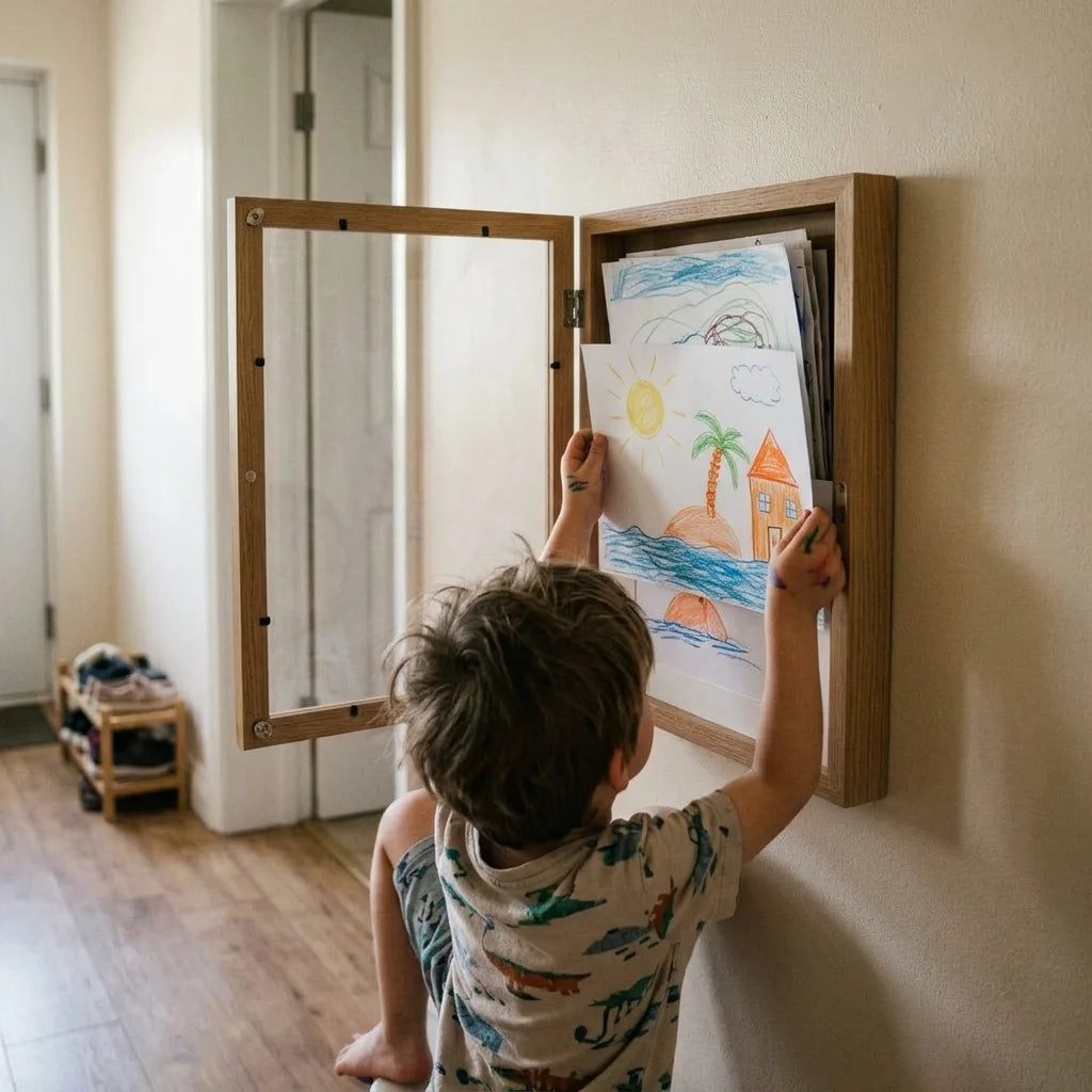 Kids art display frame being played with at home