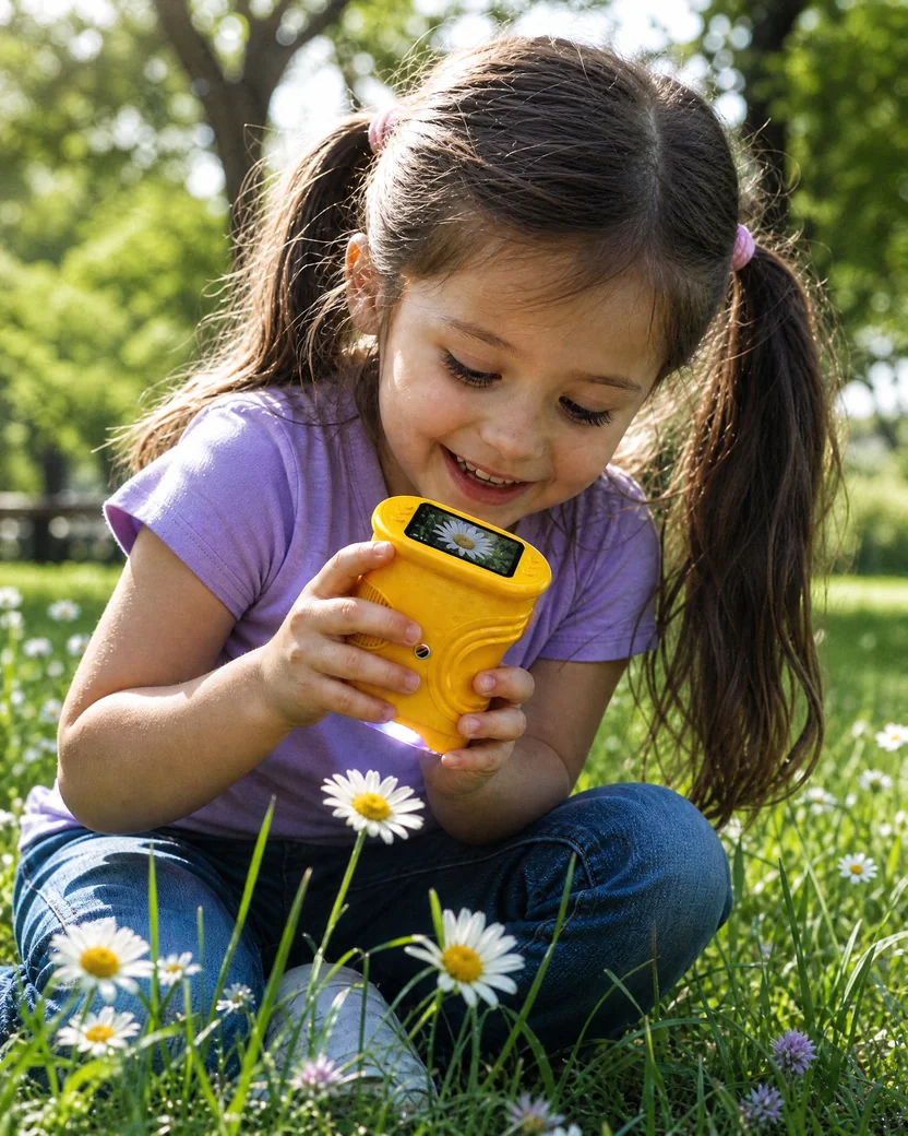 Little girl examining a daisy up close with the Montessori digital microscope for kids in a sunny garden