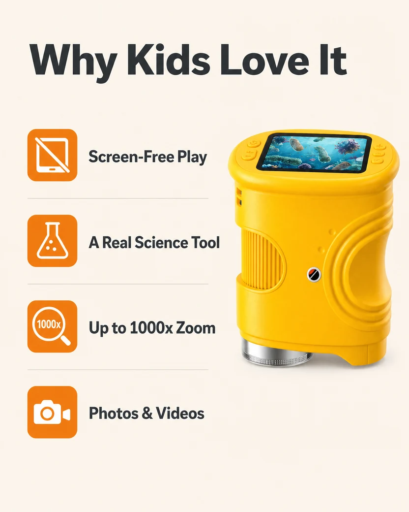 Why kids love the Montessori digital microscope: screen-free play, a real science tool, up to 1000x zoom, photos and videos