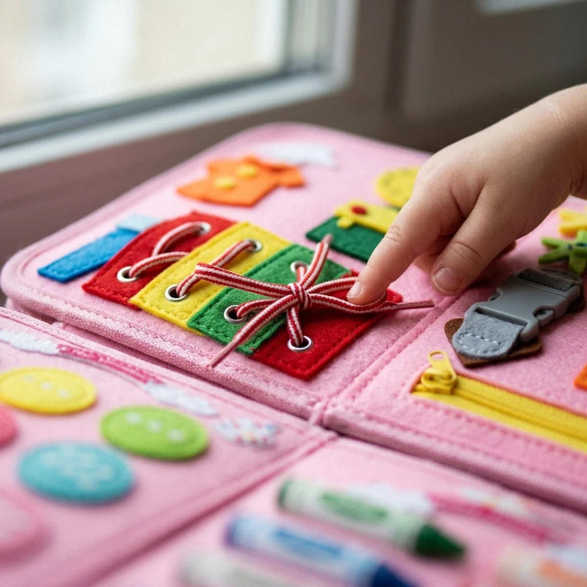 Shoelace bow, buckle and zip on a felt busy book page
