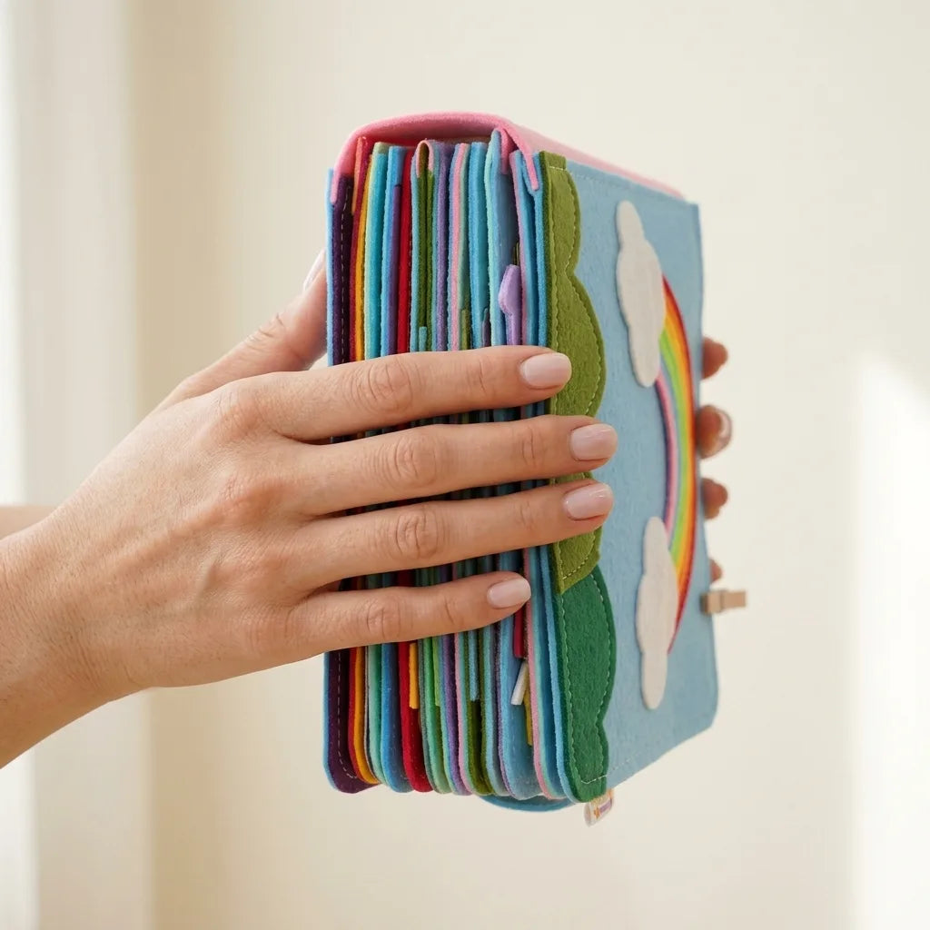 Montessori felt story book held in an adult hand for scale