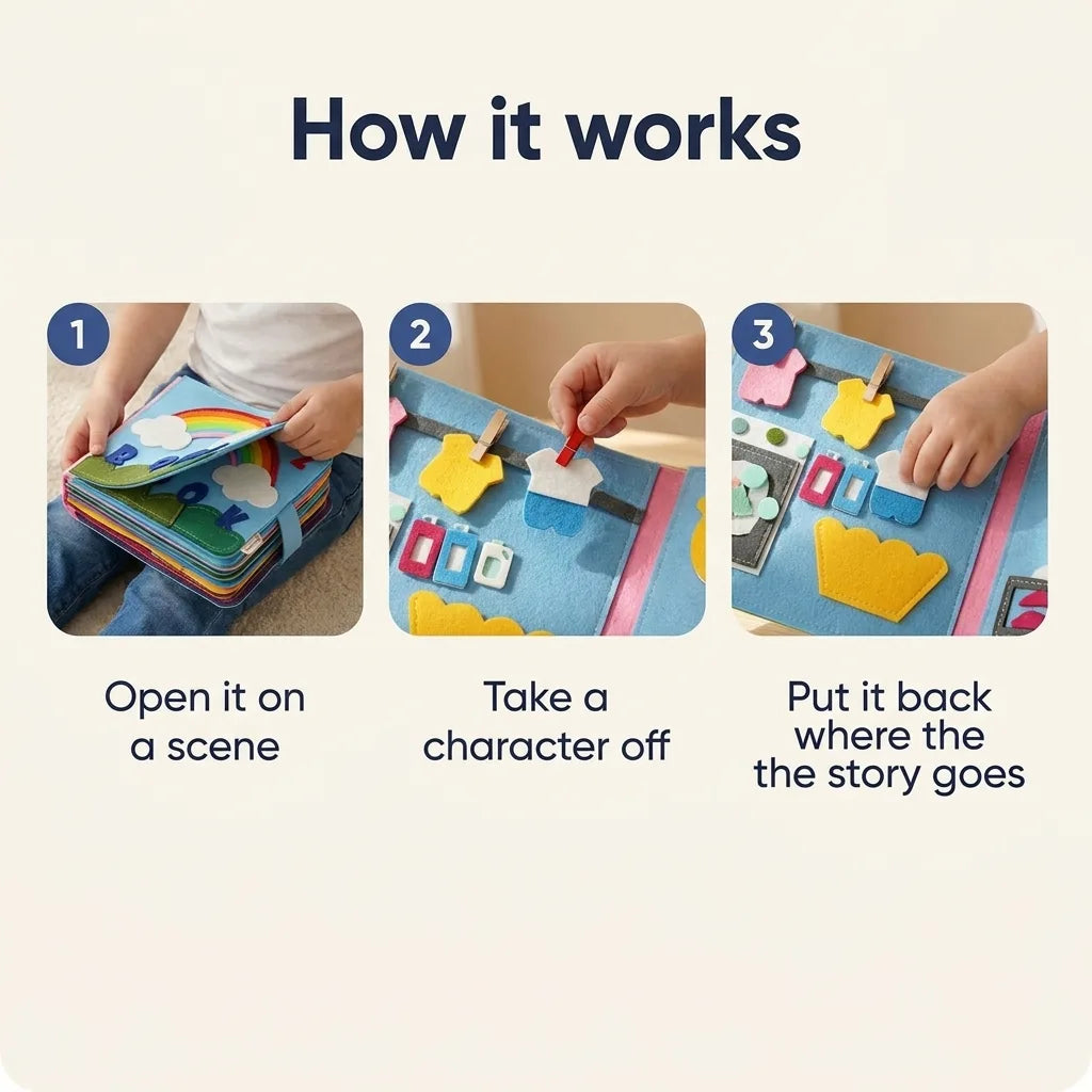 Montessori felt story book, how it works in three steps