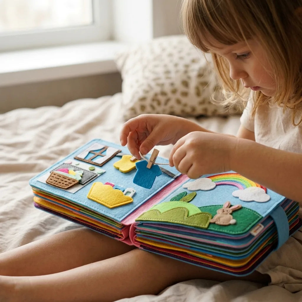 Montessori felt story book being played with at home