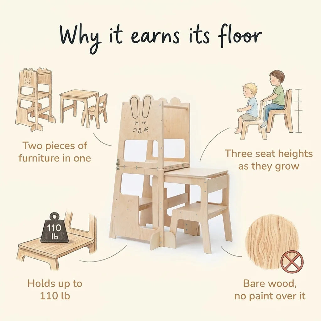 Montessori 3 in 1 learning tower, four reasons parents keep it out