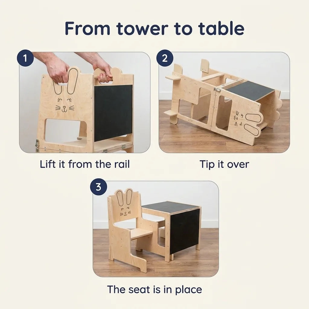 Montessori 3 in 1 learning tower, how it works in three steps