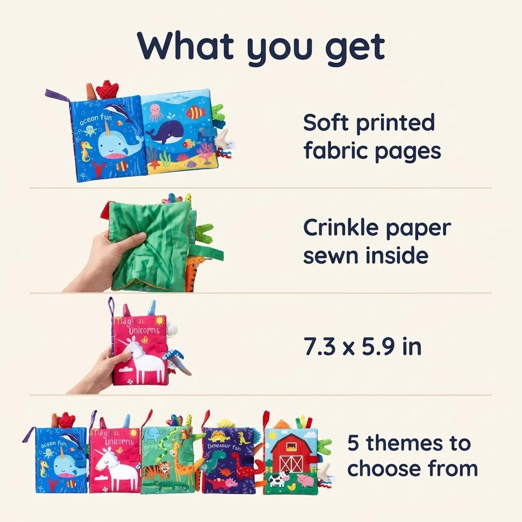 Montessori soft cloth books for babies, what is in the box