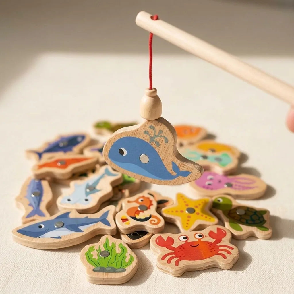 Montessori wooden fishing game, close-up of the key movement