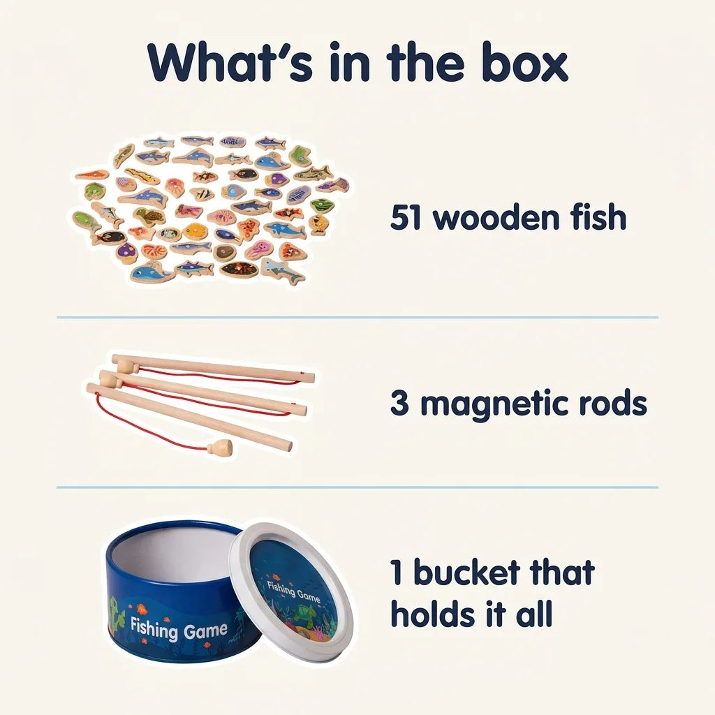 Montessori wooden fishing game, what is in the box