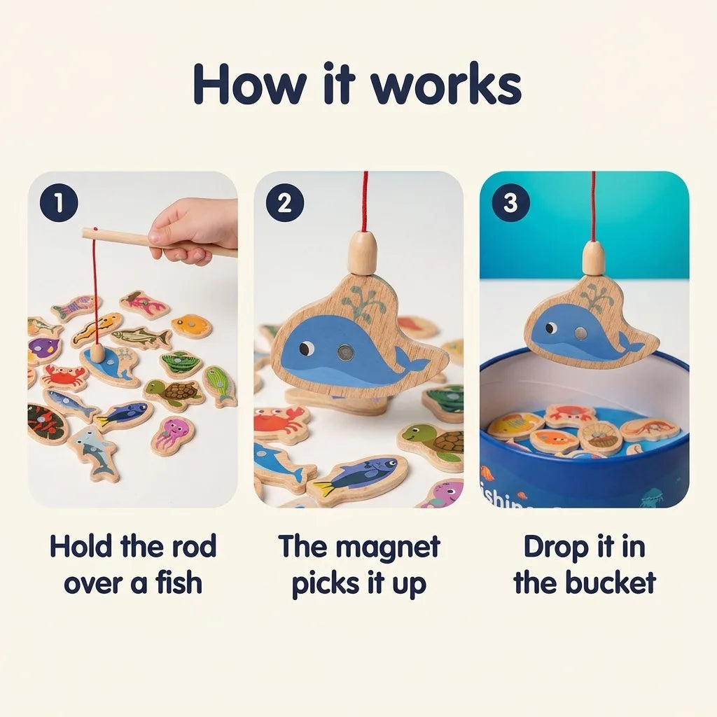 Montessori wooden fishing game, how it works in three steps