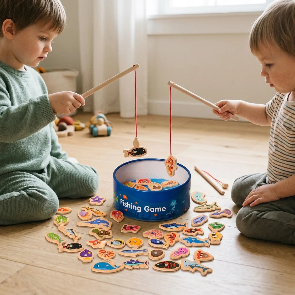 Montessori wooden fishing game shared by two people