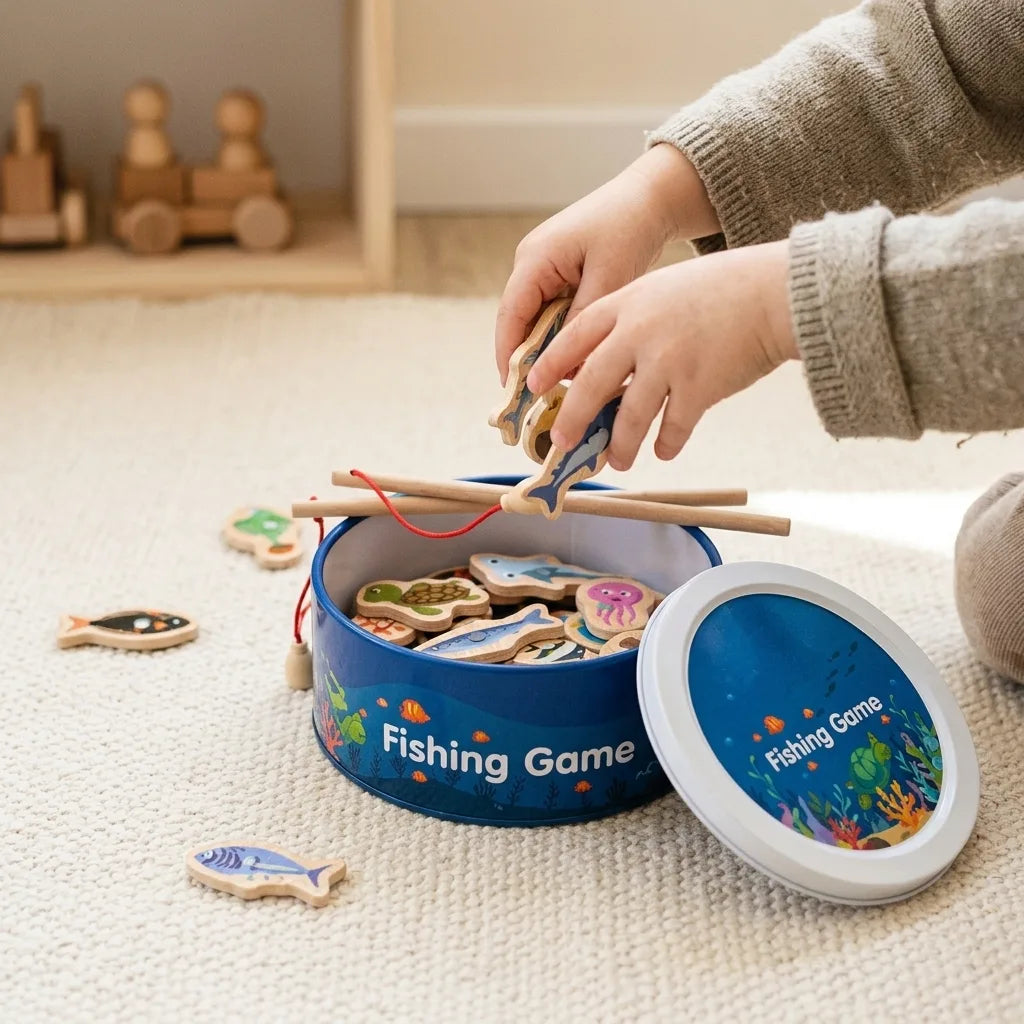Montessori wooden fishing game being put away
