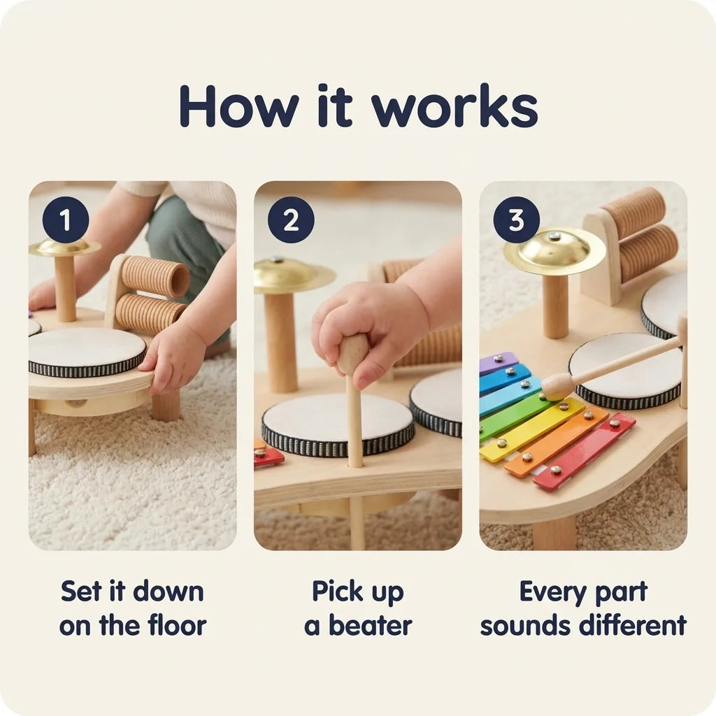 Montessori wooden music set for toddlers, how it works in three steps