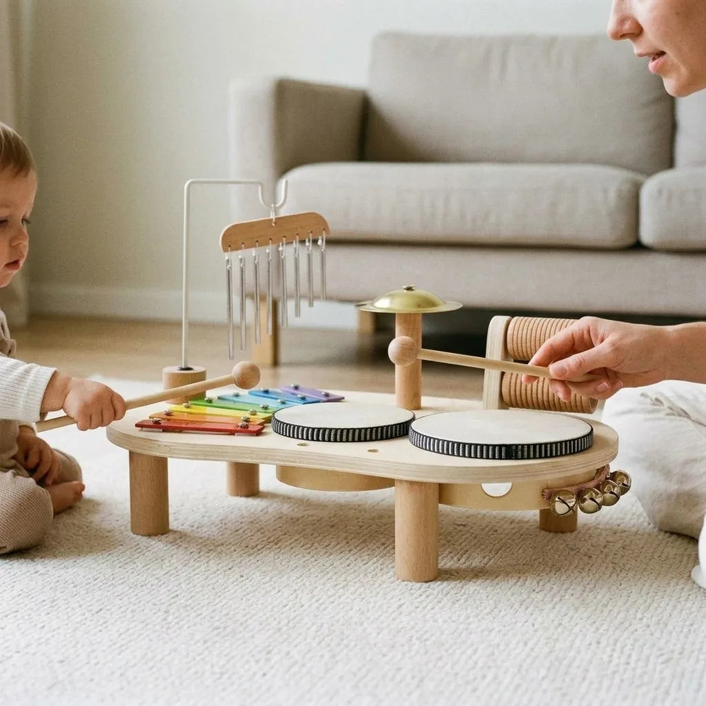 Montessori wooden music set for toddlers shared by two people