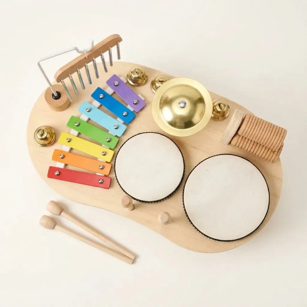 Montessori wooden music set for toddlers, studio photo