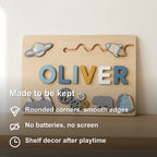 Name puzzle on a shelf with keepsake benefits listed