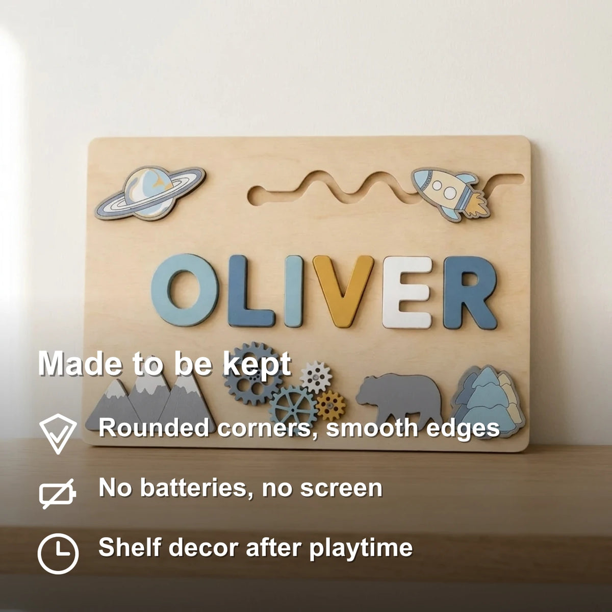 Name puzzle on a shelf with keepsake benefits listed