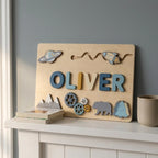 Wooden name puzzle standing on a nursery shelf