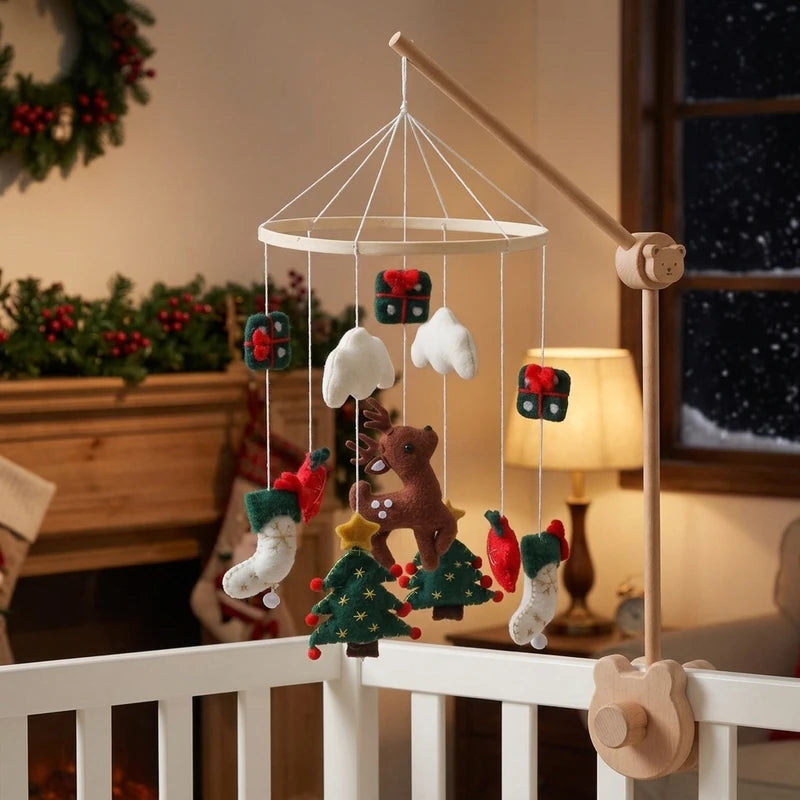 Wooden baby crib mobile, Reindeer & Trees design, clamped on a crib rail in a christmas nursery