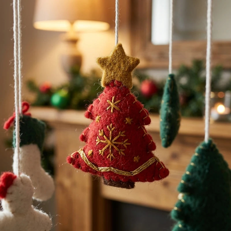Close-up of the hand-stitched wool felt on the Santa & Trees crib mobile
