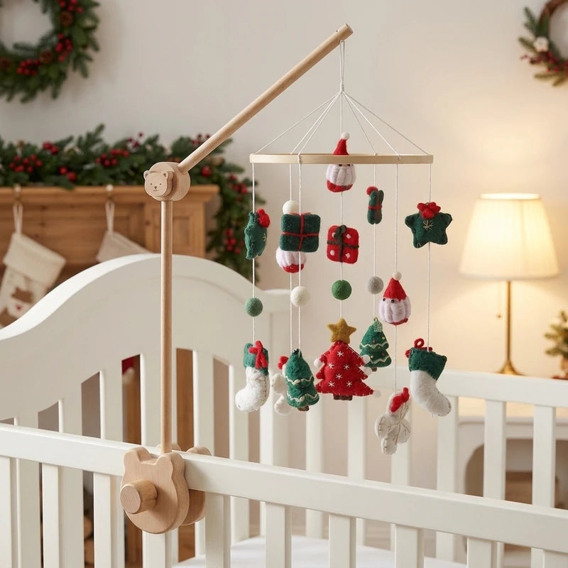 Wooden baby crib mobile, Santa & Trees design, clamped on a crib rail in a christmas nursery