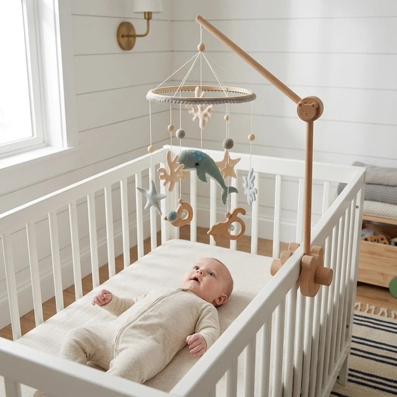 Baby lying in the crib looking up at the Sage Whale felt mobile