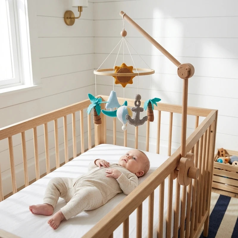 Baby lying in the crib looking up at the Seaside felt mobile