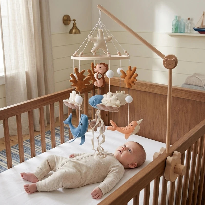 Baby lying in the crib looking up at the Terracotta Coral felt mobile