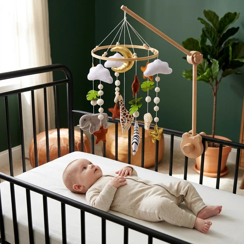 Baby lying in the crib looking up at the Golden Moon Safari felt mobile