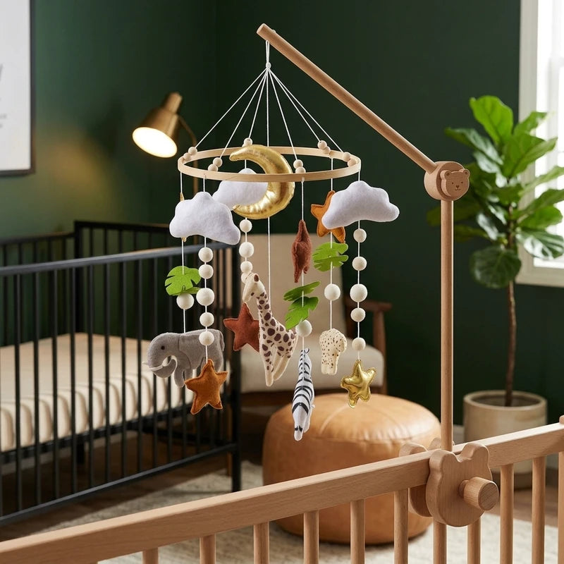 Wooden baby crib mobile, Golden Moon Safari design, clamped on a crib rail in a safari nursery