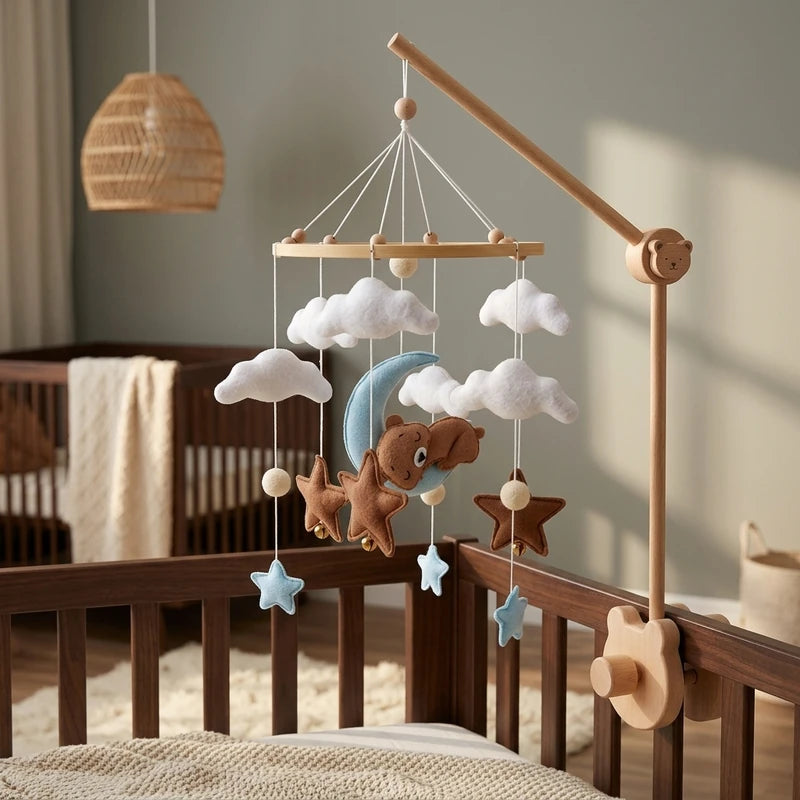 Wooden baby crib mobile, Blue Moon Bear design, clamped on a crib rail in a sky nursery