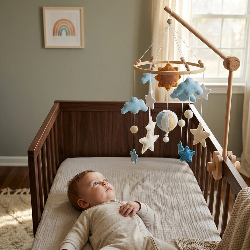 Baby lying in the crib looking up at the Sun & Hot Air Balloon felt mobile