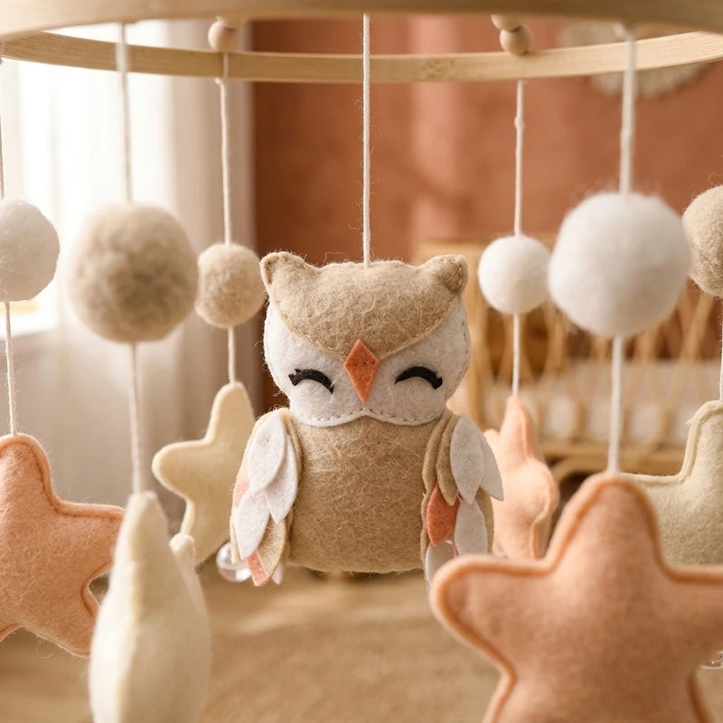 Close-up of the hand-stitched wool felt on the Beige Owl crib mobile