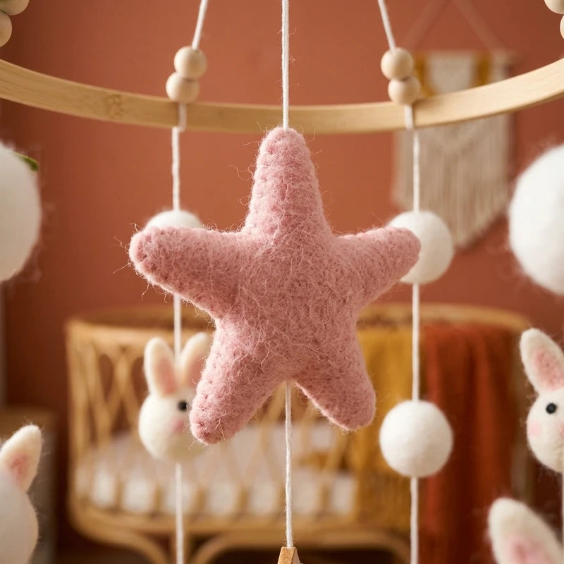 Close-up of the hand-stitched wool felt on the Wool Ball Bunnies crib mobile