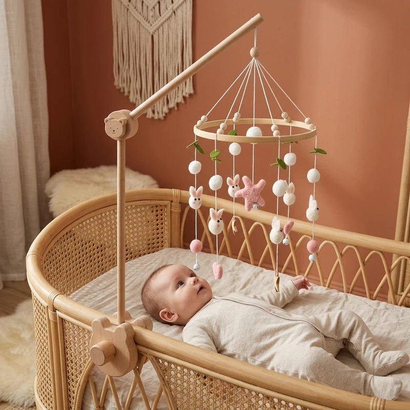 Baby lying in the crib looking up at the Wool Ball Bunnies felt mobile